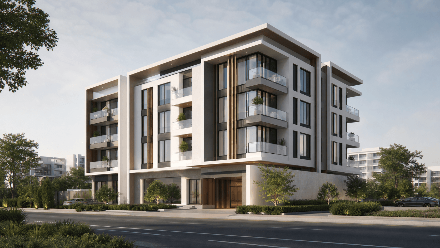 Original generated residential building concept visualization with a contemporary multi-story facade and landscaped frontage