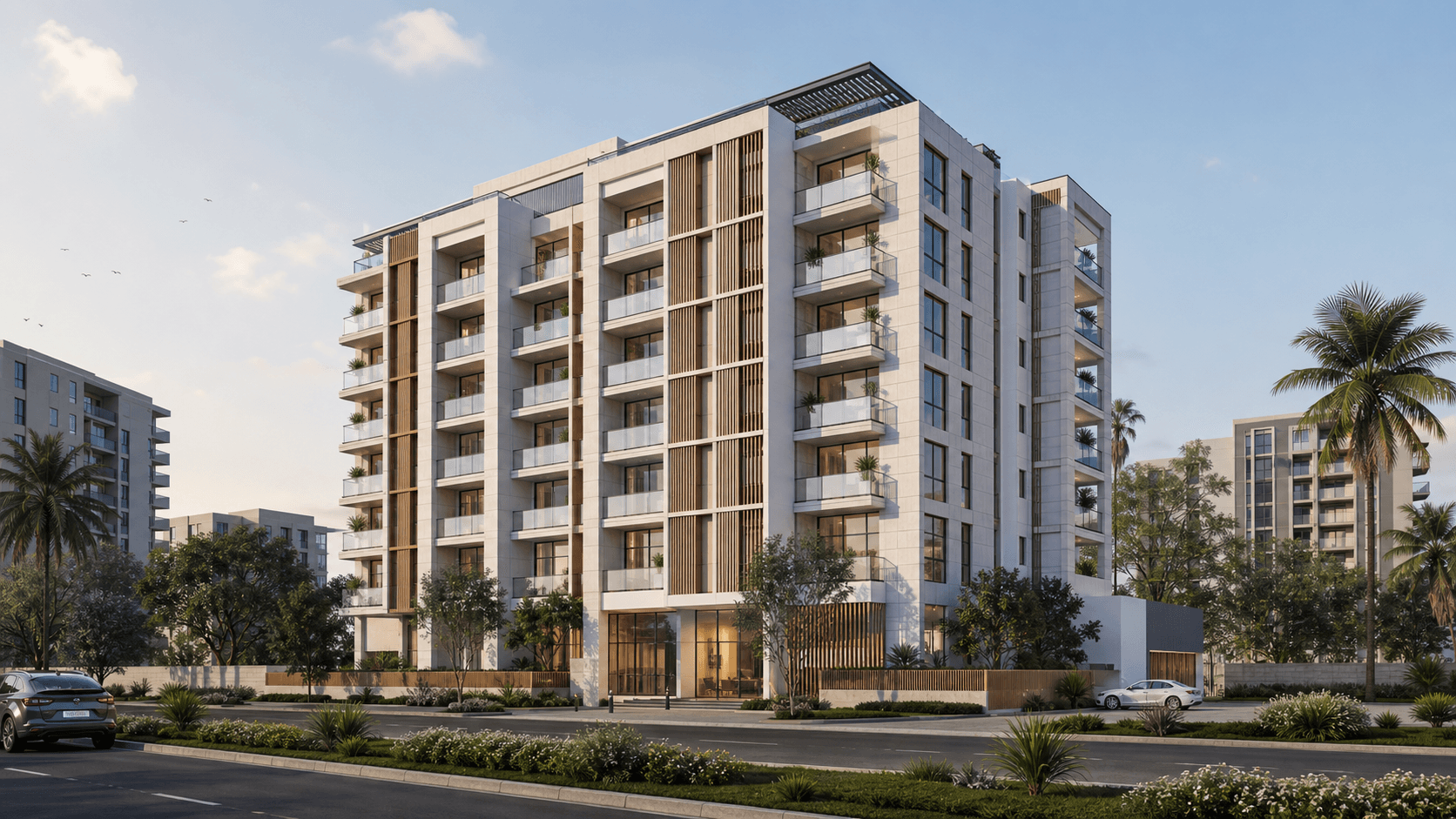 Original generated residential building concept visualization with layered balconies, vertical fins, and a planted arrival court