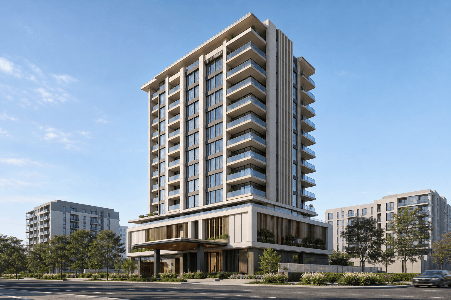 Original generated residential building concept visualization showing a compact multi-story urban block with a strong corner elevation