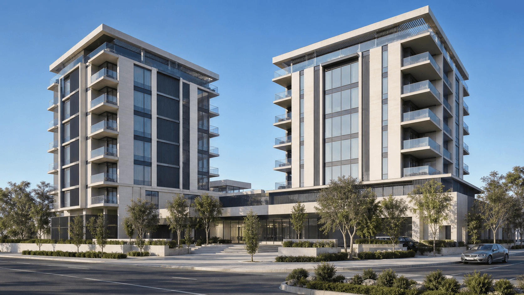 Original generated residential building concept visualization with warm stone accents, deep balconies, and a structured roofline