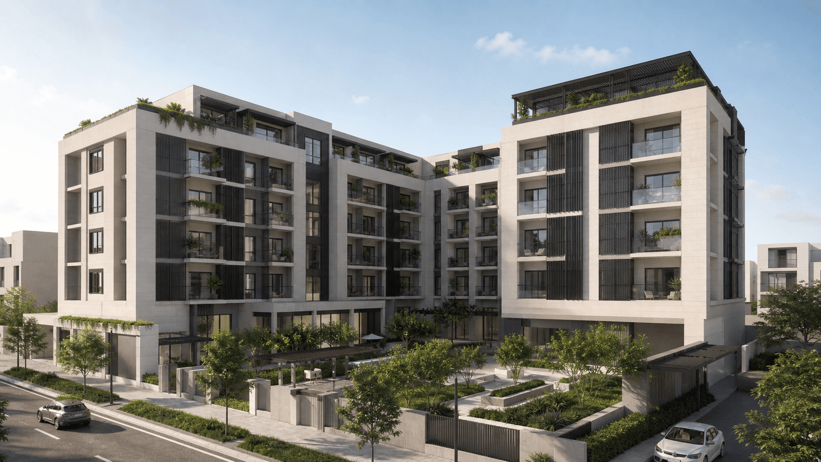 Original generated residential building concept visualization with a broad podium, repeated balconies, and a landscaped approach