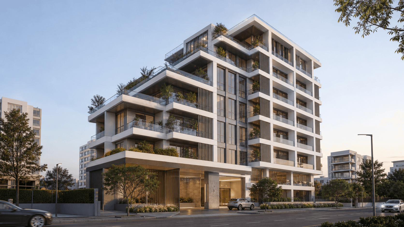 Original generated residential building concept visualization with a clean concrete frame, shaded balconies, and a street-level frontage