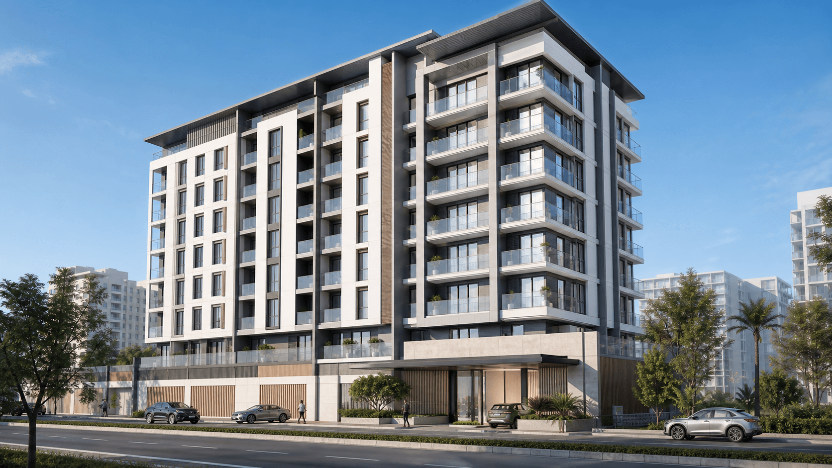 Original generated residential building concept visualization with alternating balconies, a strong central entry, and mature planting