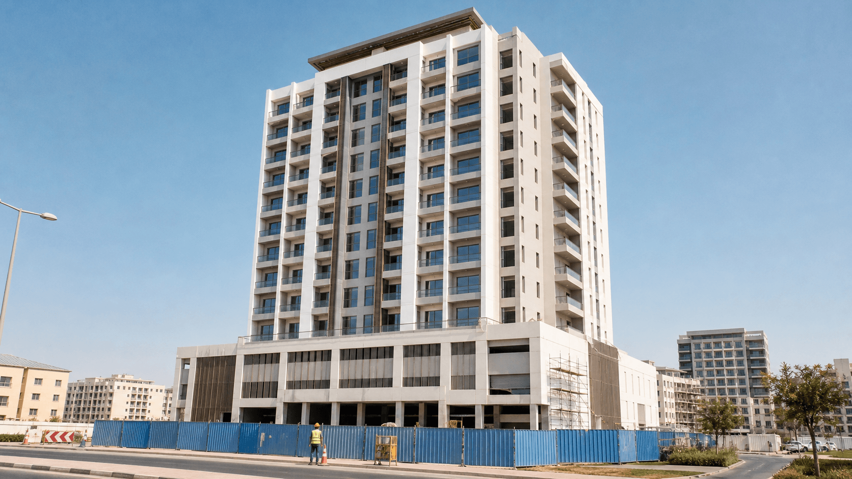 Original generated residential building concept visualization with a slender multi-story mass, recessed terraces, and a shaded base
