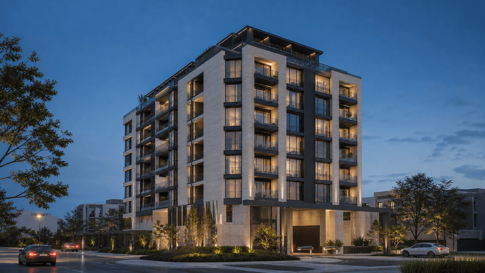 Original generated residential building concept visualization with a broad urban frontage, layered terraces, and a restrained material palette